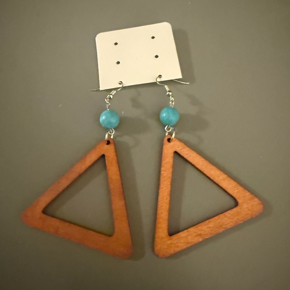 Geometric Wooden Earrings with Blue Accents